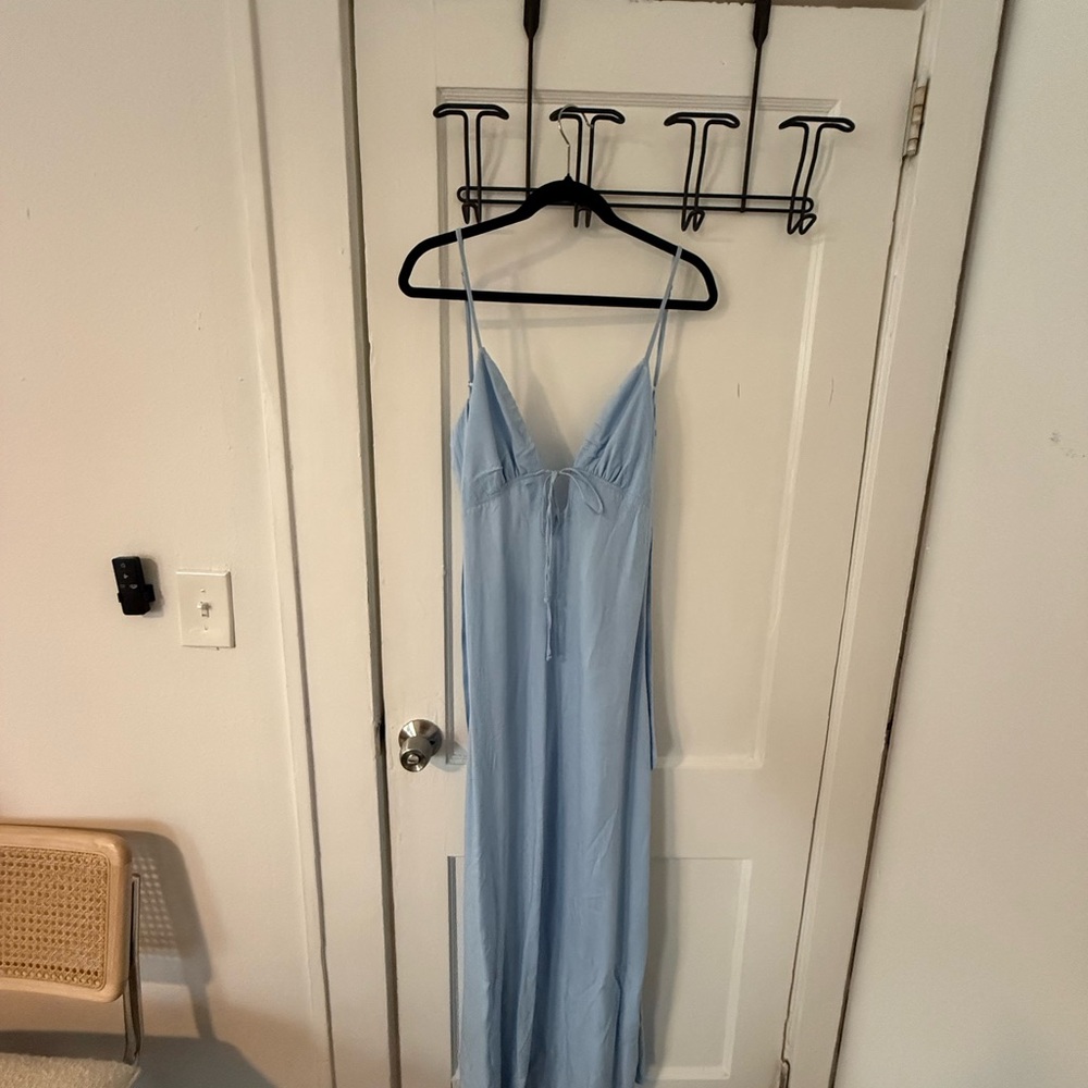 Light Blue Linen Open Back Strap Dress